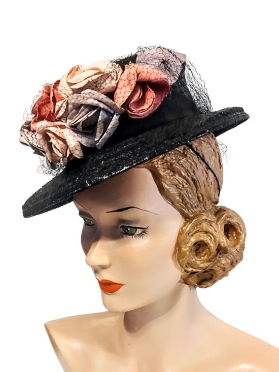 Vintage Accessories - 1940s True Vintage Black Straw Wide Brimmed Tilt Hat With Large Roses Back Band